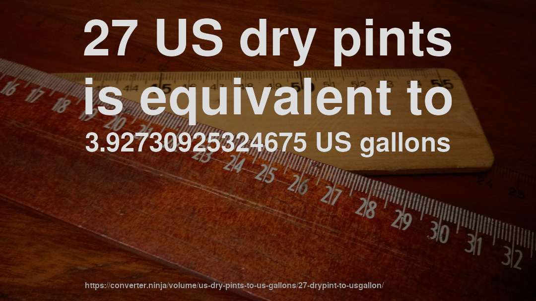 27 US dry pints is equivalent to 3.92730925324675 US gallons