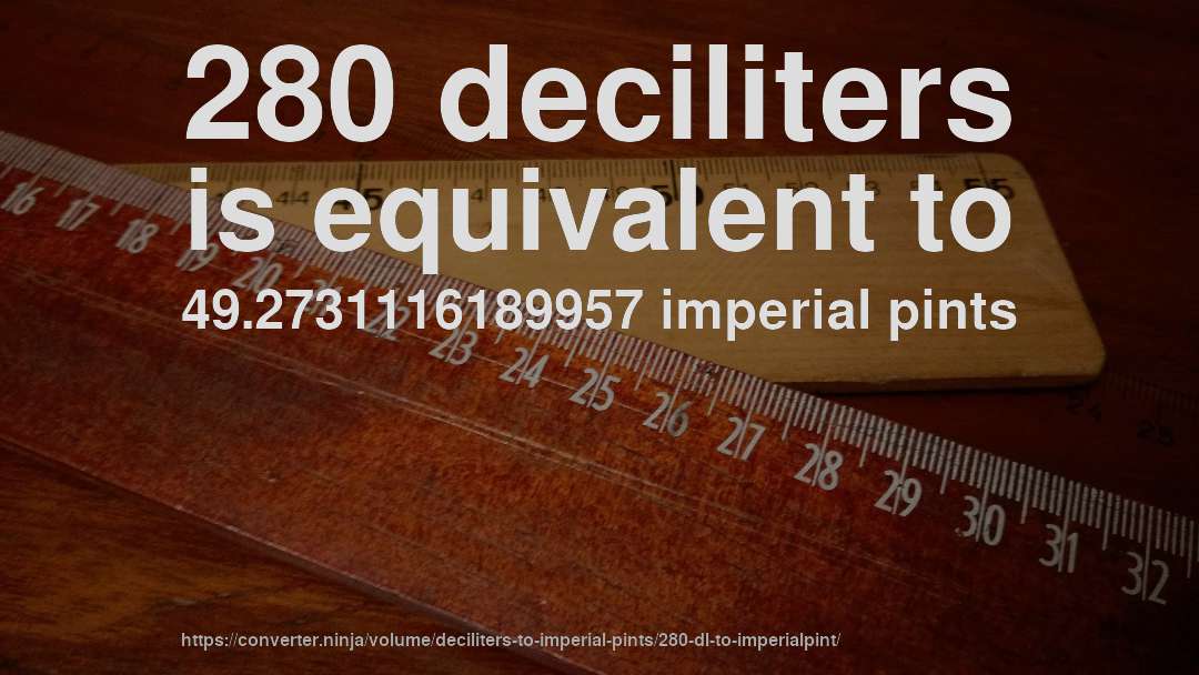 280 deciliters is equivalent to 49.2731116189957 imperial pints