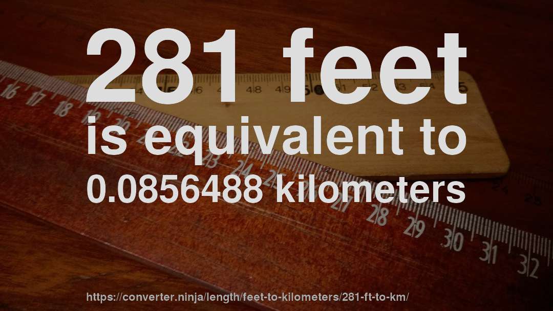 281 feet is equivalent to 0.0856488 kilometers