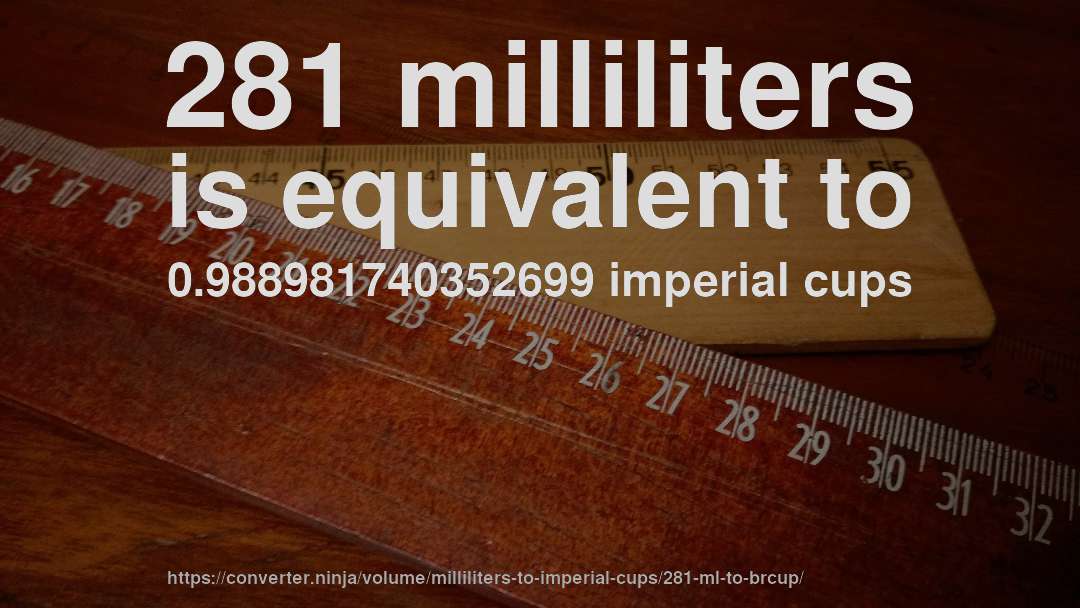 281 milliliters is equivalent to 0.988981740352699 imperial cups