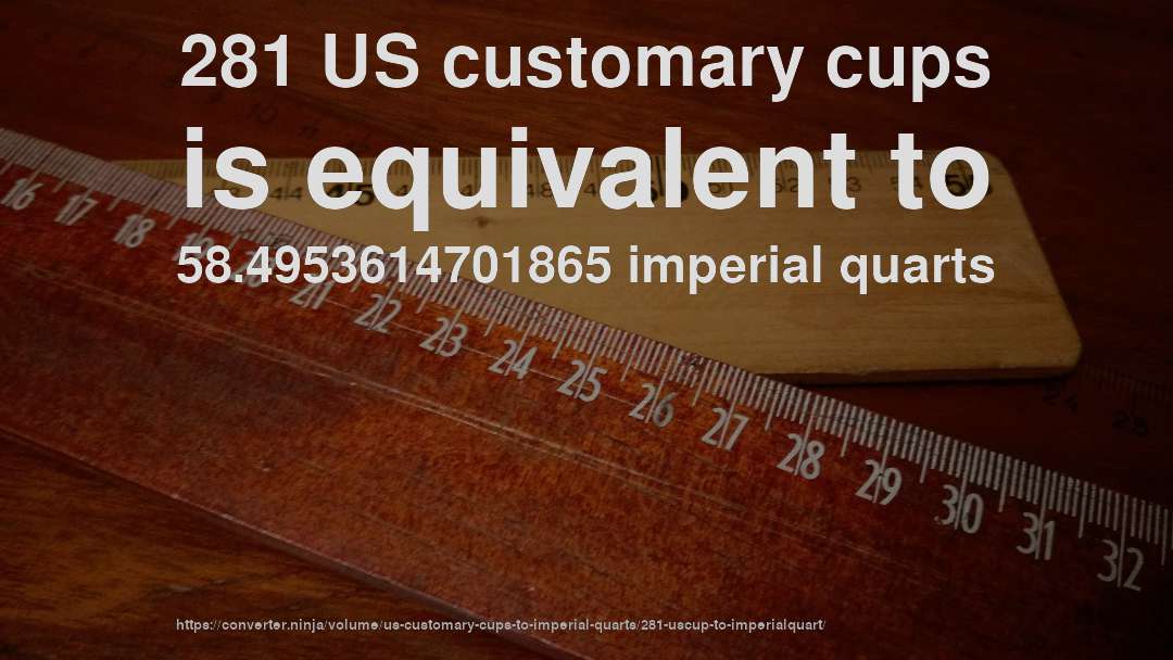 281 US customary cups is equivalent to 58.4953614701865 imperial quarts