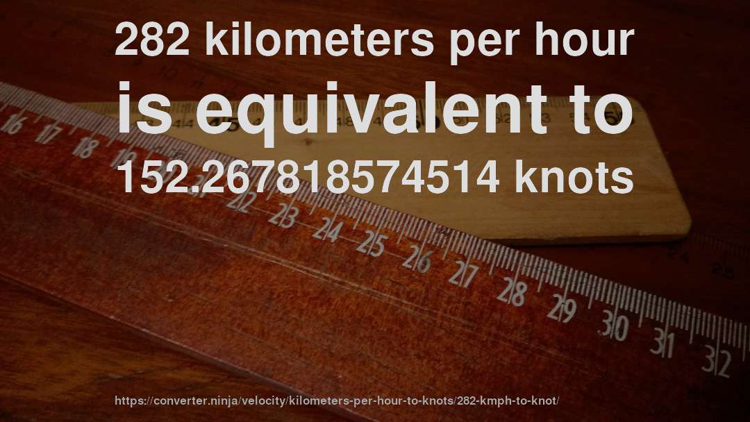 282 kilometers per hour is equivalent to 152.267818574514 knots