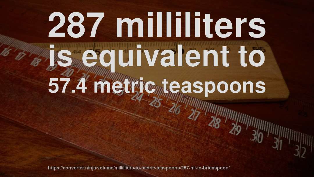 287 milliliters is equivalent to 57.4 metric teaspoons