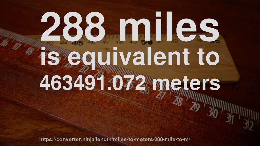 288 miles is equivalent to 463491.072 meters