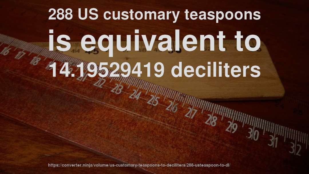 288 US customary teaspoons is equivalent to 14.19529419 deciliters