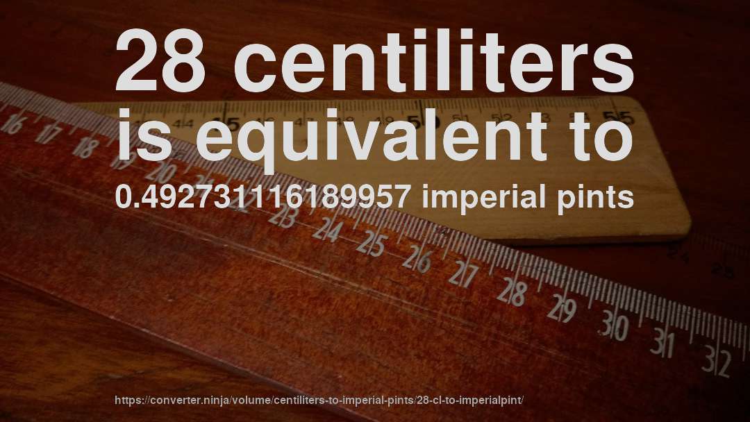 28 centiliters is equivalent to 0.492731116189957 imperial pints