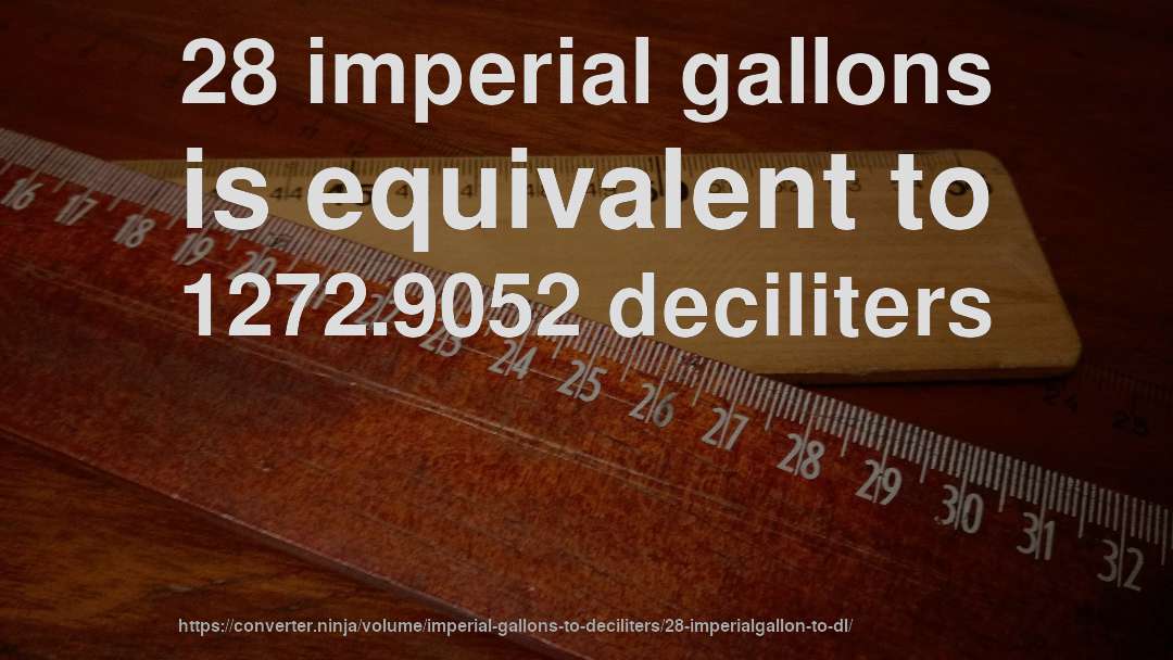 28 imperial gallons is equivalent to 1272.9052 deciliters
