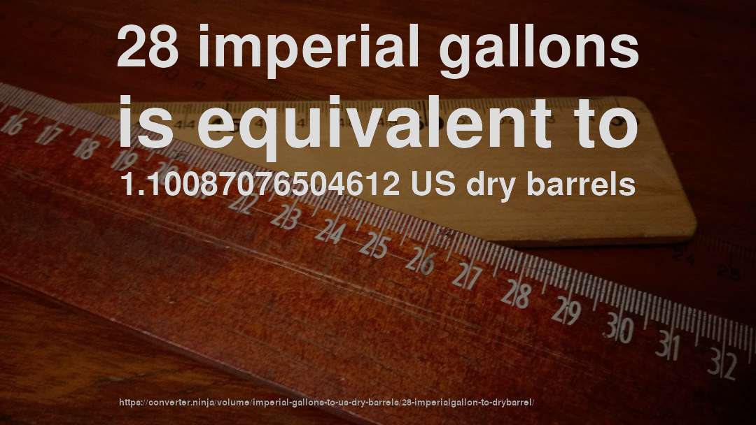 28 imperial gallons is equivalent to 1.10087076504612 US dry barrels