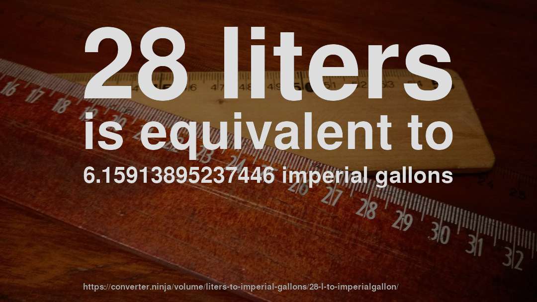 28 liters is equivalent to 6.15913895237446 imperial gallons