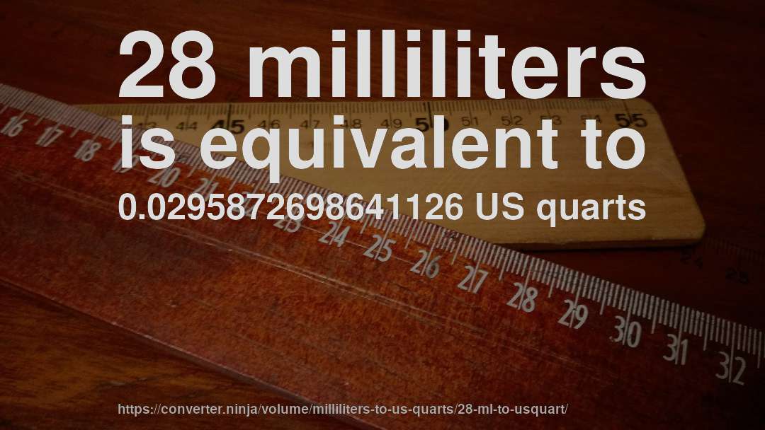 28 milliliters is equivalent to 0.0295872698641126 US quarts