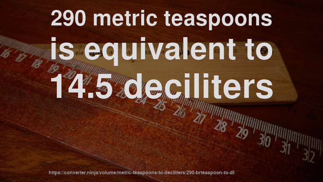 290 metric teaspoons is equivalent to 14.5 deciliters