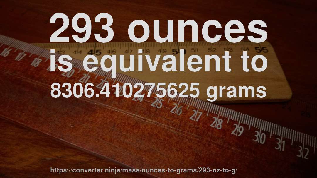 293 ounces is equivalent to 8306.410275625 grams