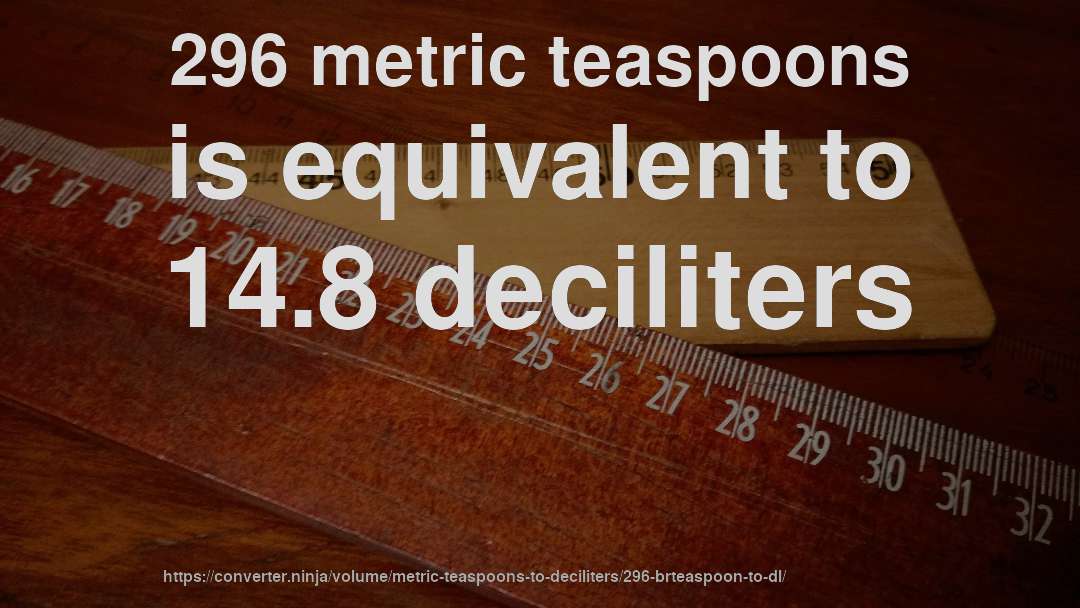 296 metric teaspoons is equivalent to 14.8 deciliters
