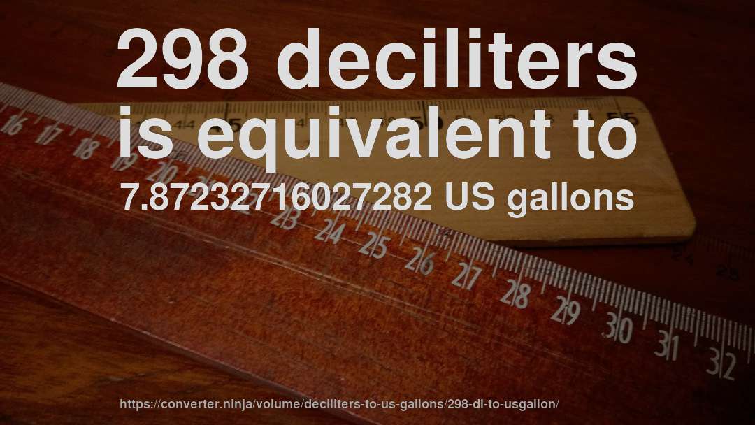 298 deciliters is equivalent to 7.87232716027282 US gallons