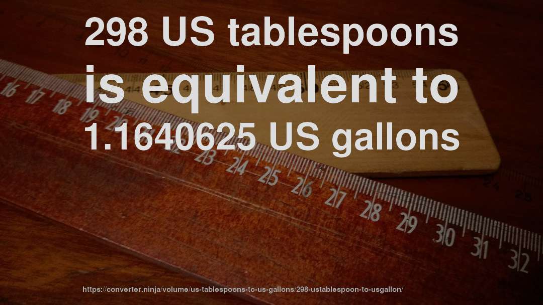 298 US tablespoons is equivalent to 1.1640625 US gallons