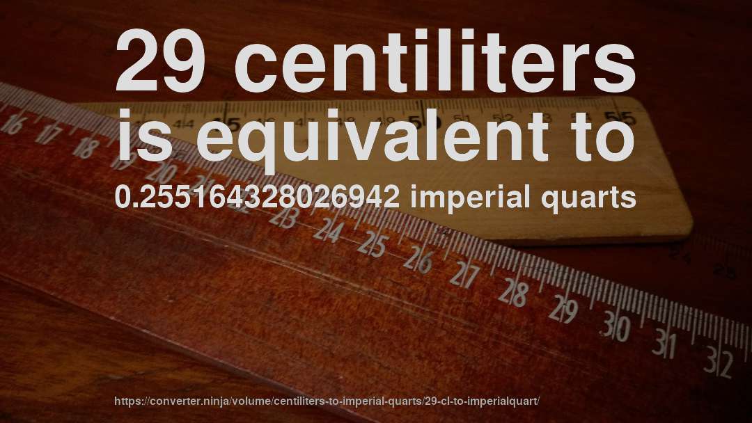 29 centiliters is equivalent to 0.255164328026942 imperial quarts