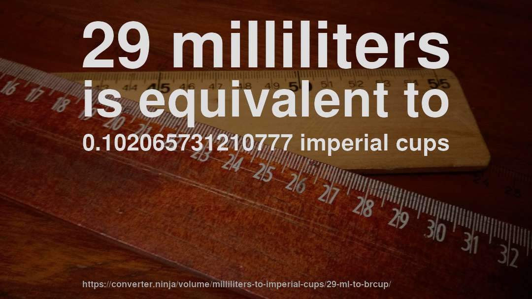 29 milliliters is equivalent to 0.102065731210777 imperial cups