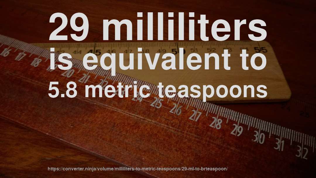 29 milliliters is equivalent to 5.8 metric teaspoons