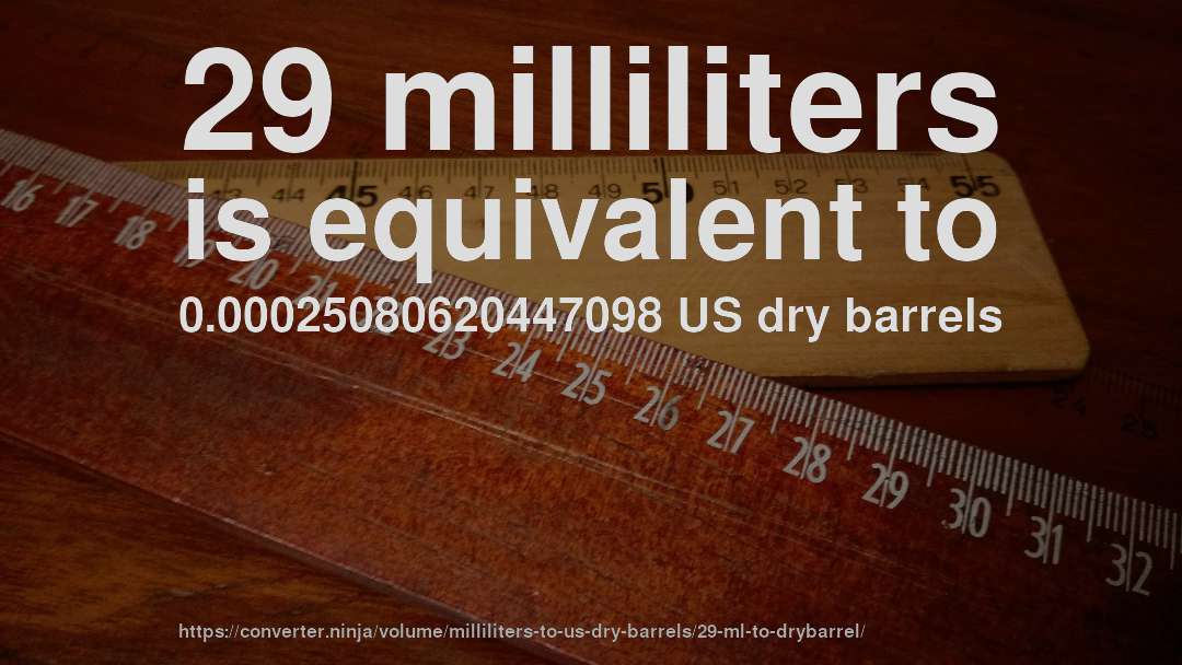 29 milliliters is equivalent to 0.00025080620447098 US dry barrels