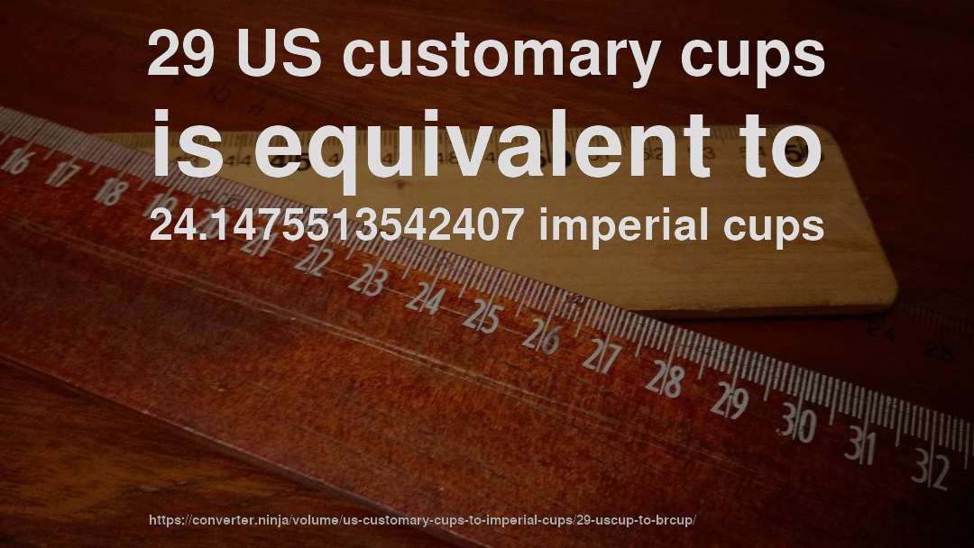 29 US customary cups is equivalent to 24.1475513542407 imperial cups