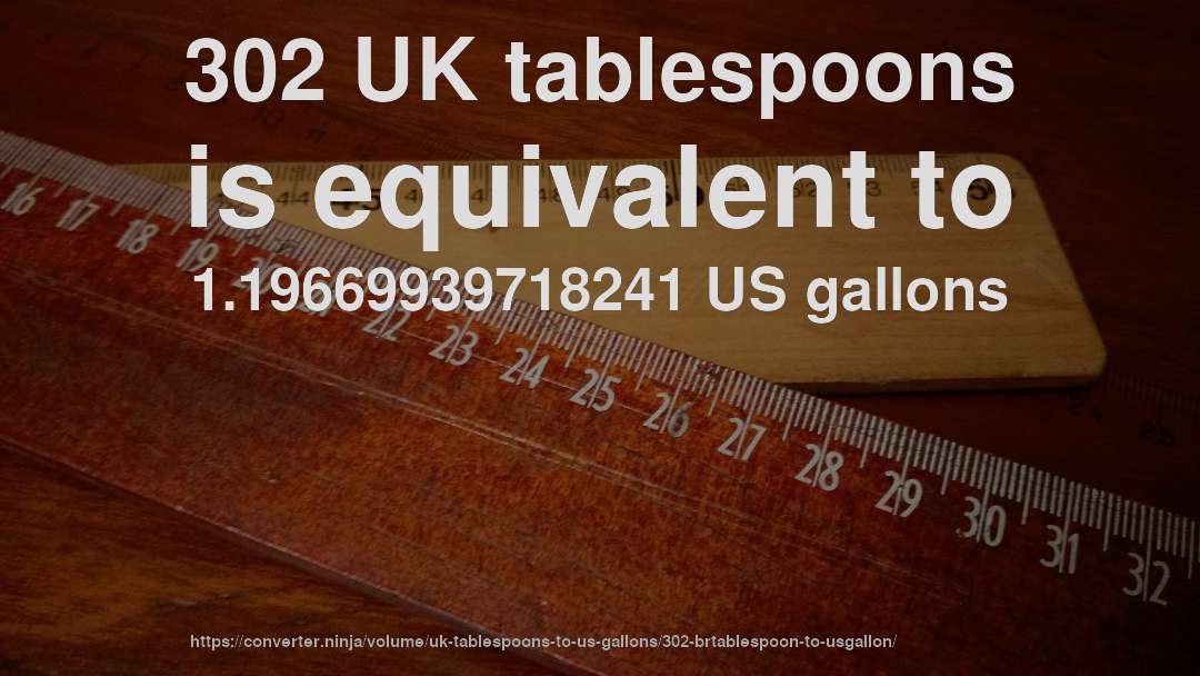 302 UK tablespoons is equivalent to 1.19669939718241 US gallons