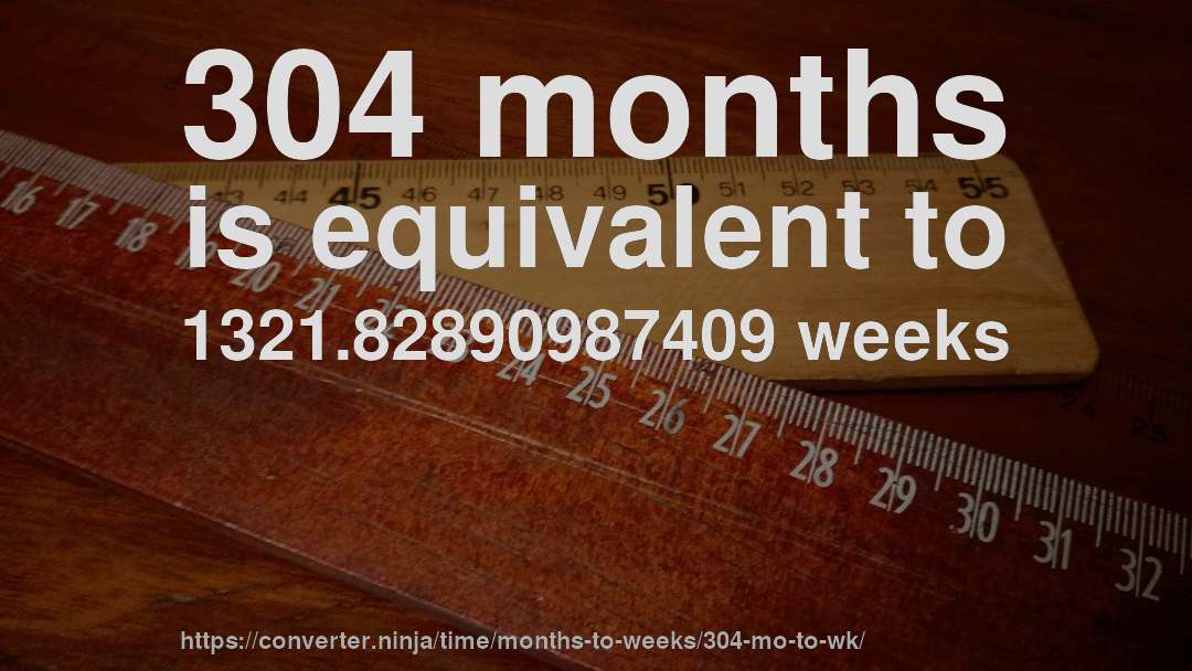 304 months is equivalent to 1321.82890987409 weeks