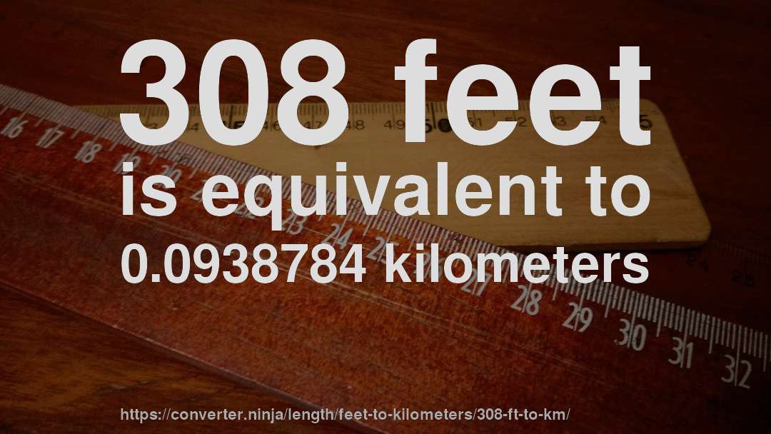 308 feet is equivalent to 0.0938784 kilometers