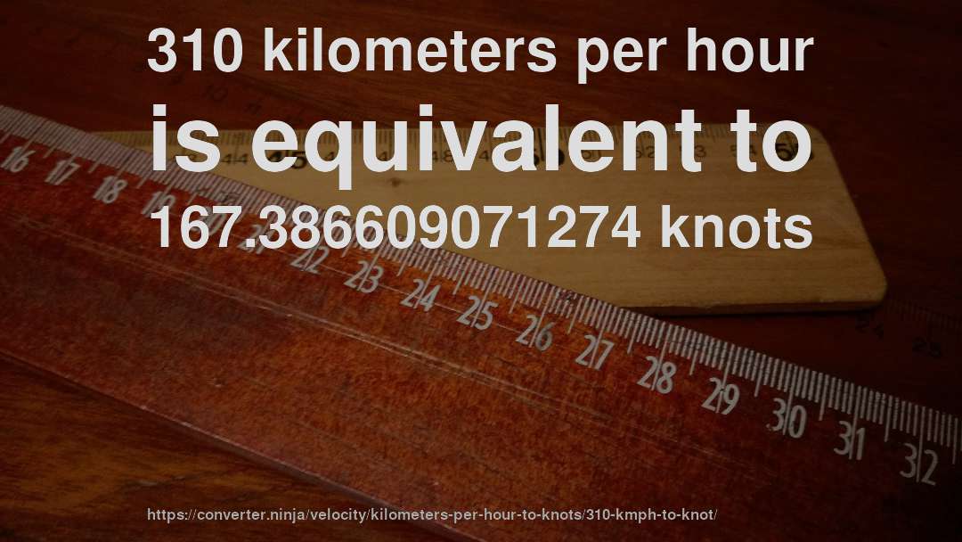 310 kilometers per hour is equivalent to 167.386609071274 knots