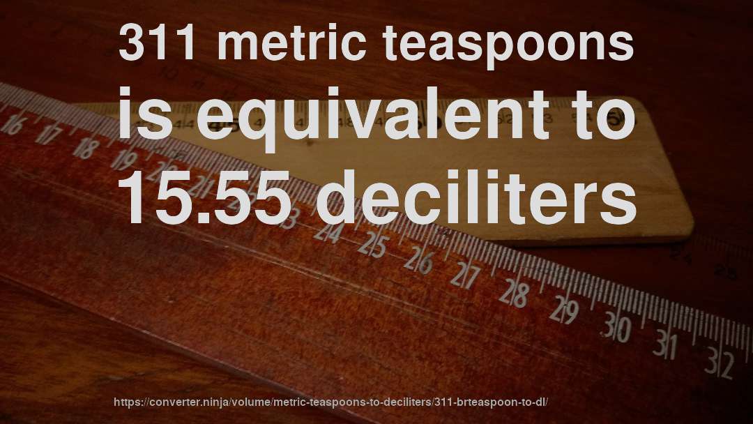 311 metric teaspoons is equivalent to 15.55 deciliters