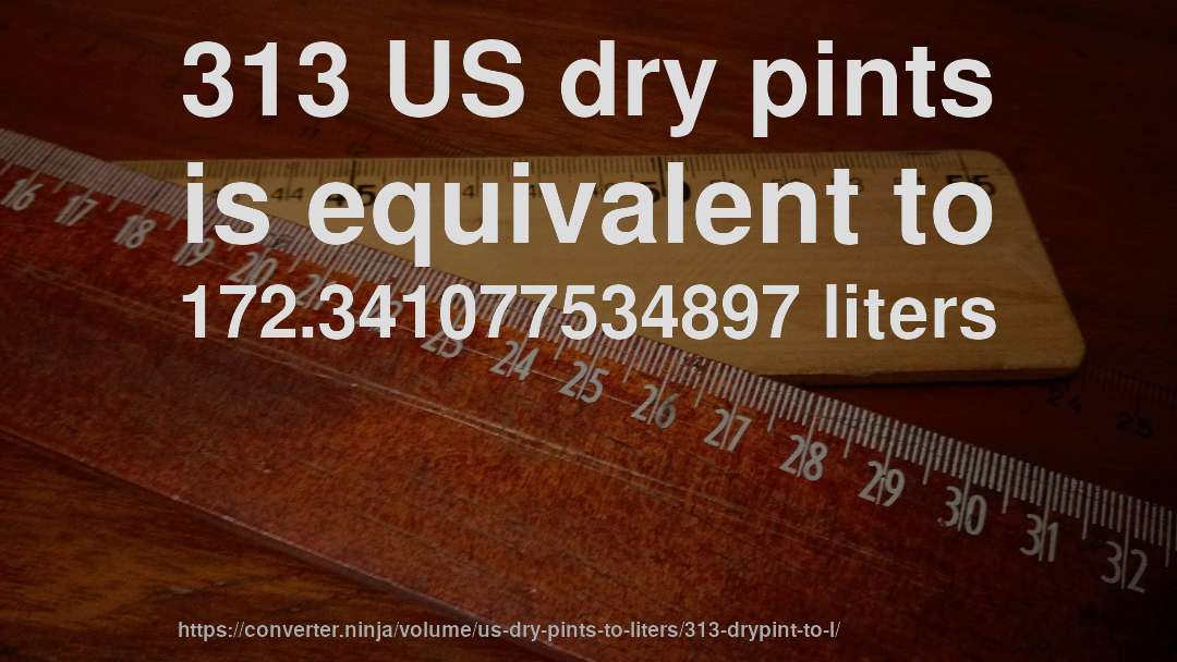 313 US dry pints is equivalent to 172.341077534897 liters