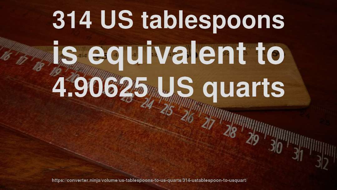 314 US tablespoons is equivalent to 4.90625 US quarts