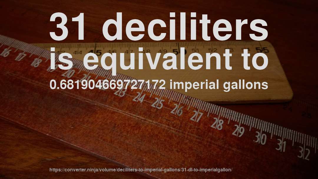31 deciliters is equivalent to 0.681904669727172 imperial gallons