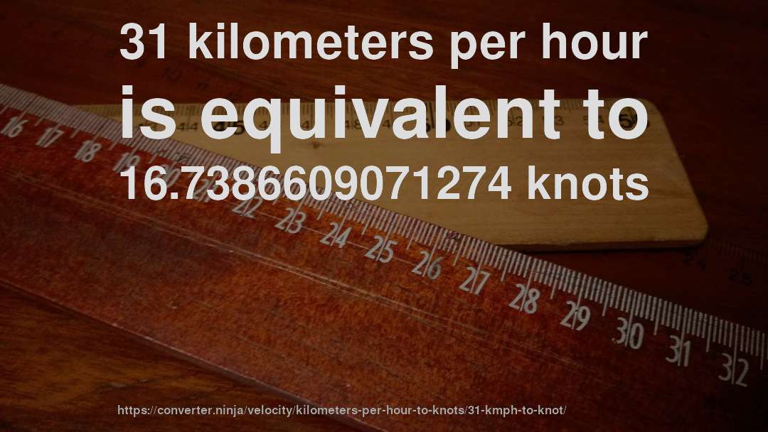 31 kilometers per hour is equivalent to 16.7386609071274 knots