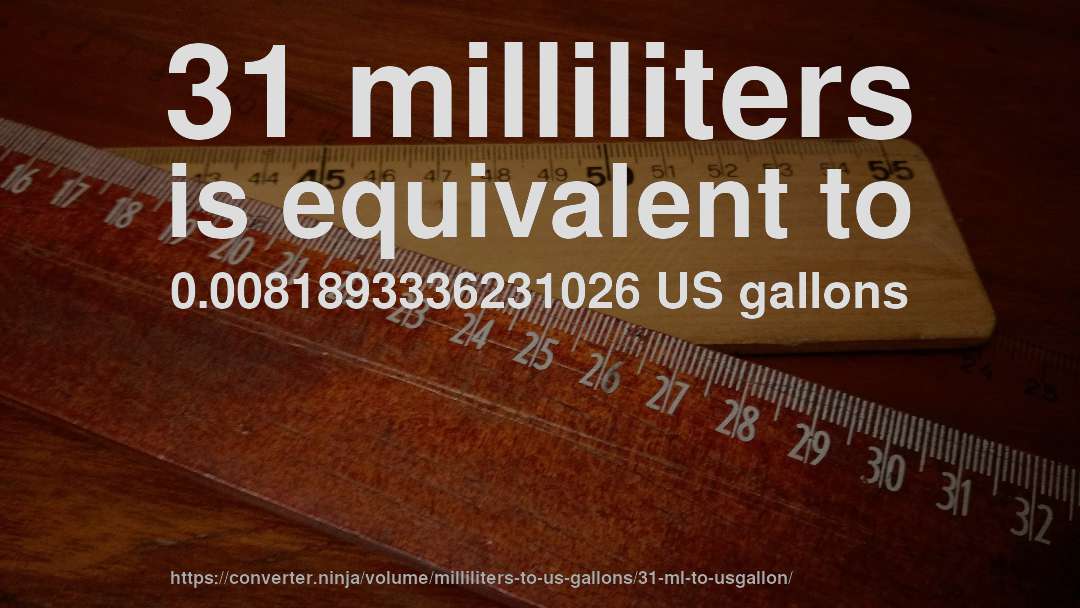 31 milliliters is equivalent to 0.0081893336231026 US gallons