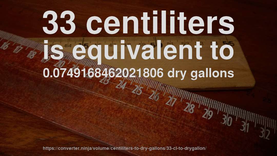 33 centiliters is equivalent to 0.0749168462021806 dry gallons