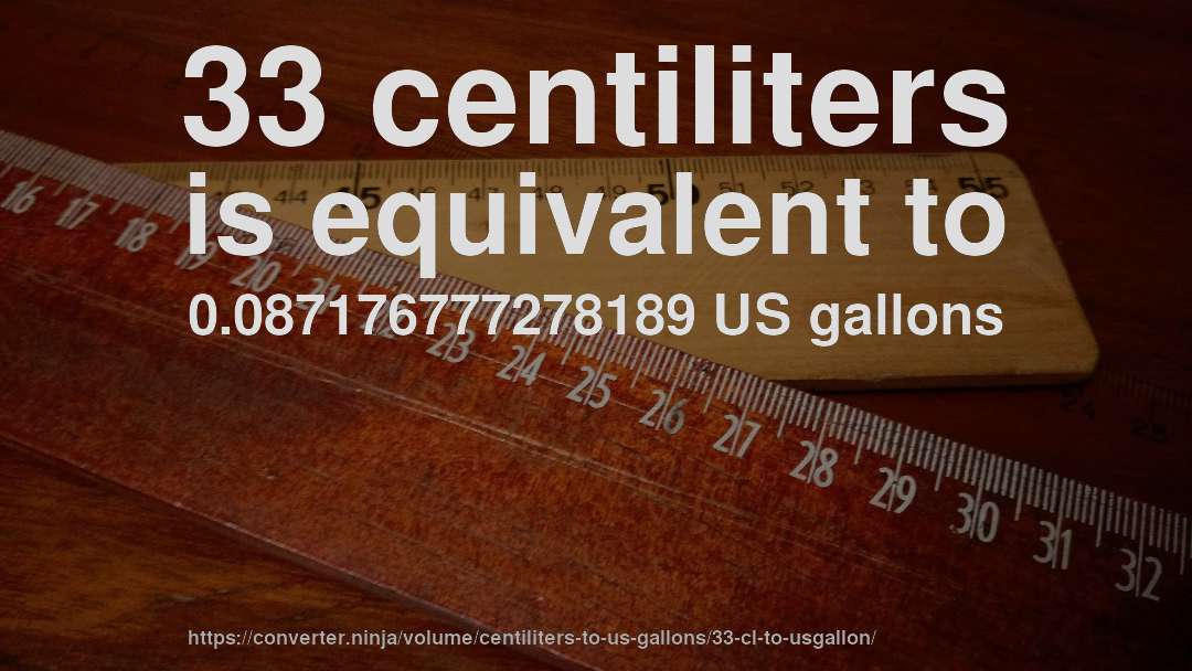 33 centiliters is equivalent to 0.087176777278189 US gallons