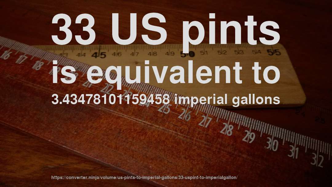 33 US pints is equivalent to 3.43478101159458 imperial gallons