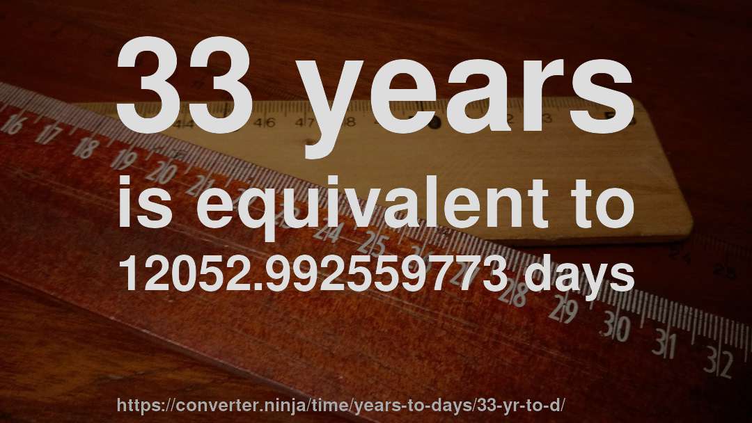 33 years is equivalent to 12052.992559773 days