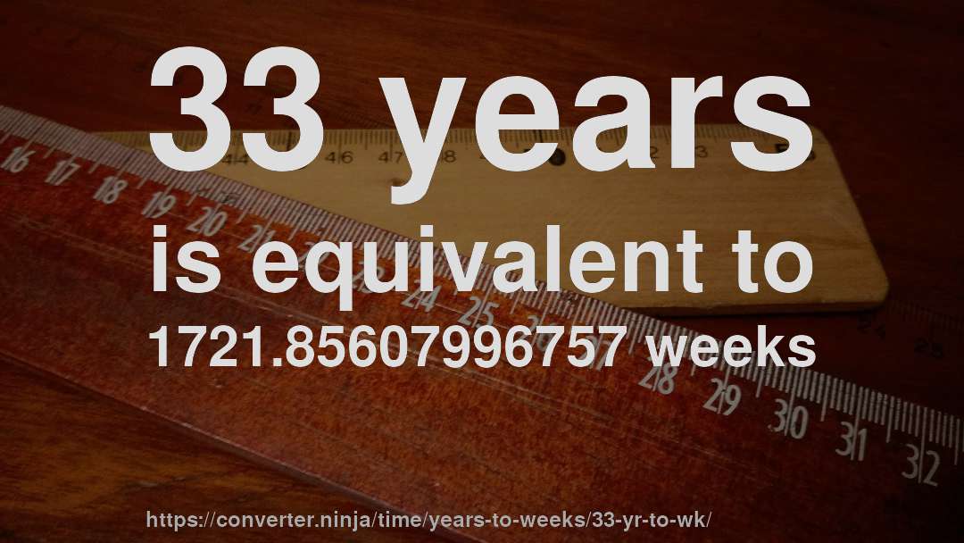 33 years is equivalent to 1721.85607996757 weeks