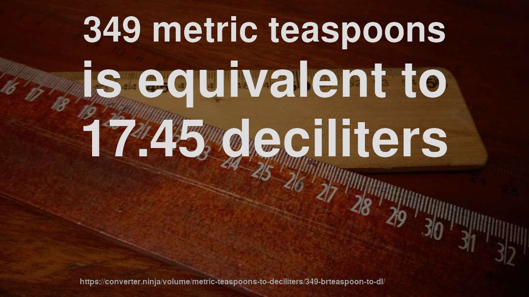 349 metric teaspoons is equivalent to 17.45 deciliters
