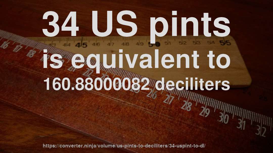 34 US pints is equivalent to 160.88000082 deciliters