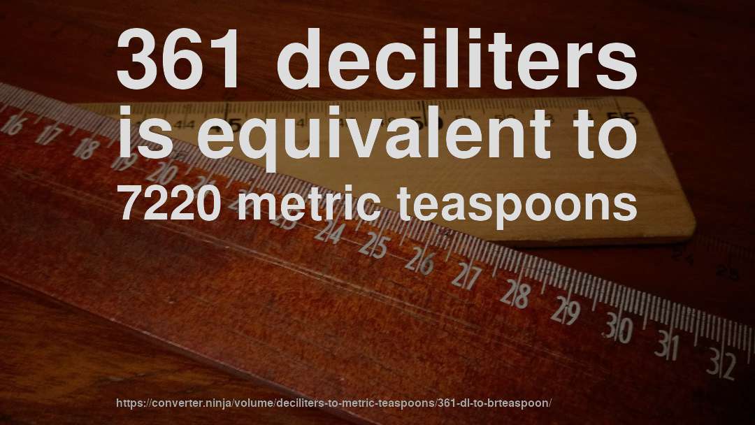 361 deciliters is equivalent to 7220 metric teaspoons