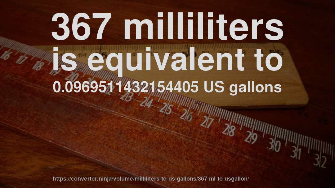 367 milliliters is equivalent to 0.0969511432154405 US gallons