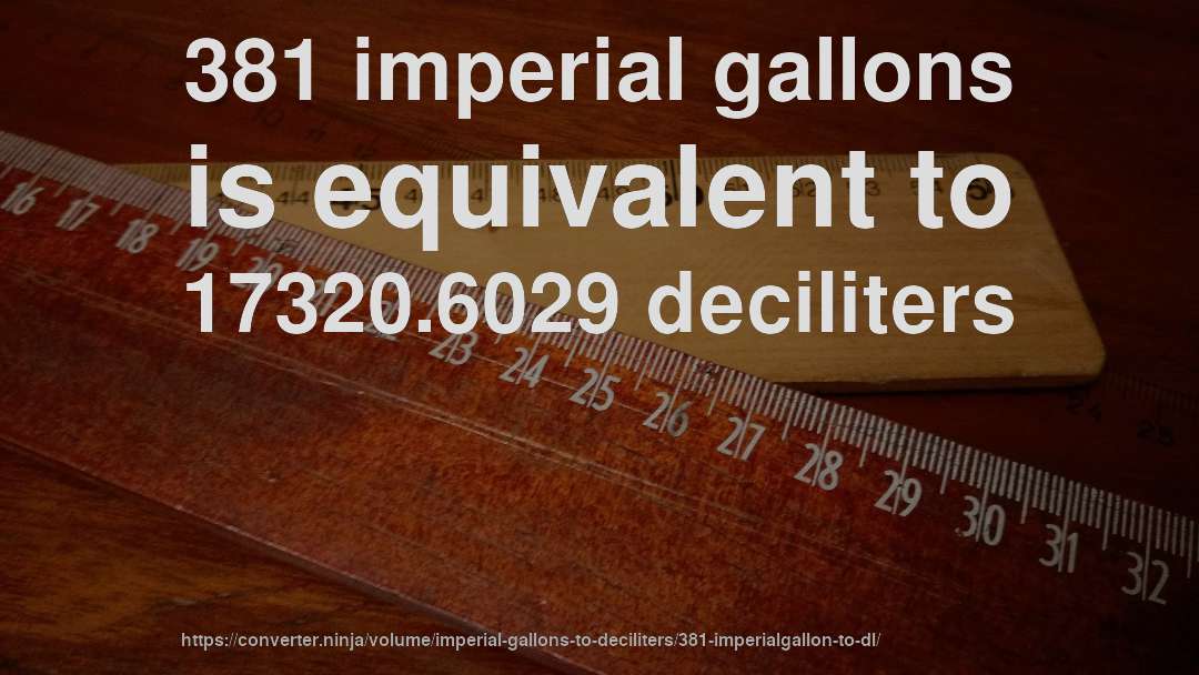 381 imperial gallons is equivalent to 17320.6029 deciliters