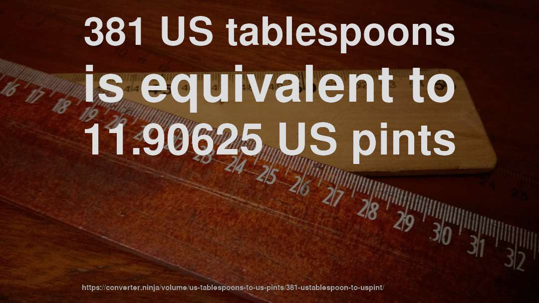 381 US tablespoons is equivalent to 11.90625 US pints