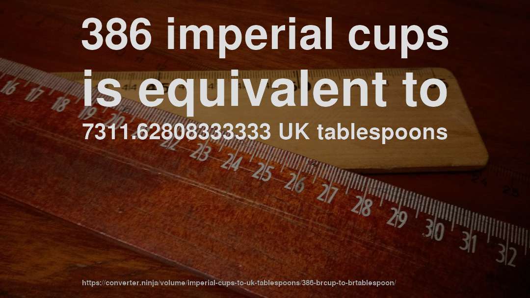 386 imperial cups is equivalent to 7311.62808333333 UK tablespoons