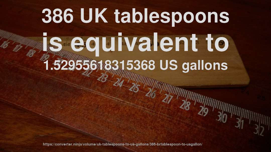 386 UK tablespoons is equivalent to 1.52955618315368 US gallons