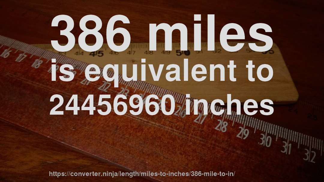 386 miles is equivalent to 24456960 inches