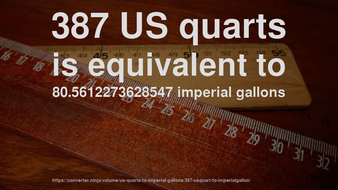 387 US quarts is equivalent to 80.5612273628547 imperial gallons