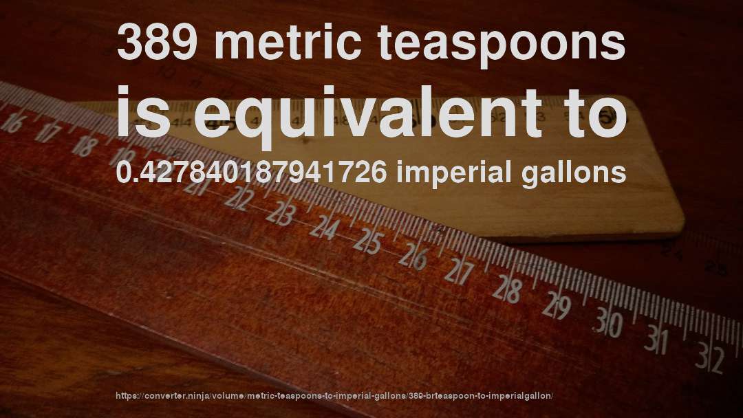 389 metric teaspoons is equivalent to 0.427840187941726 imperial gallons